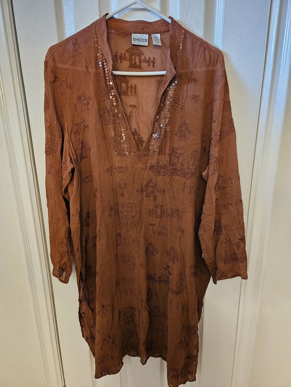 Chico's Size 3 Brown Long Sleeve Flowy Tunic with Sequins and Embroidery